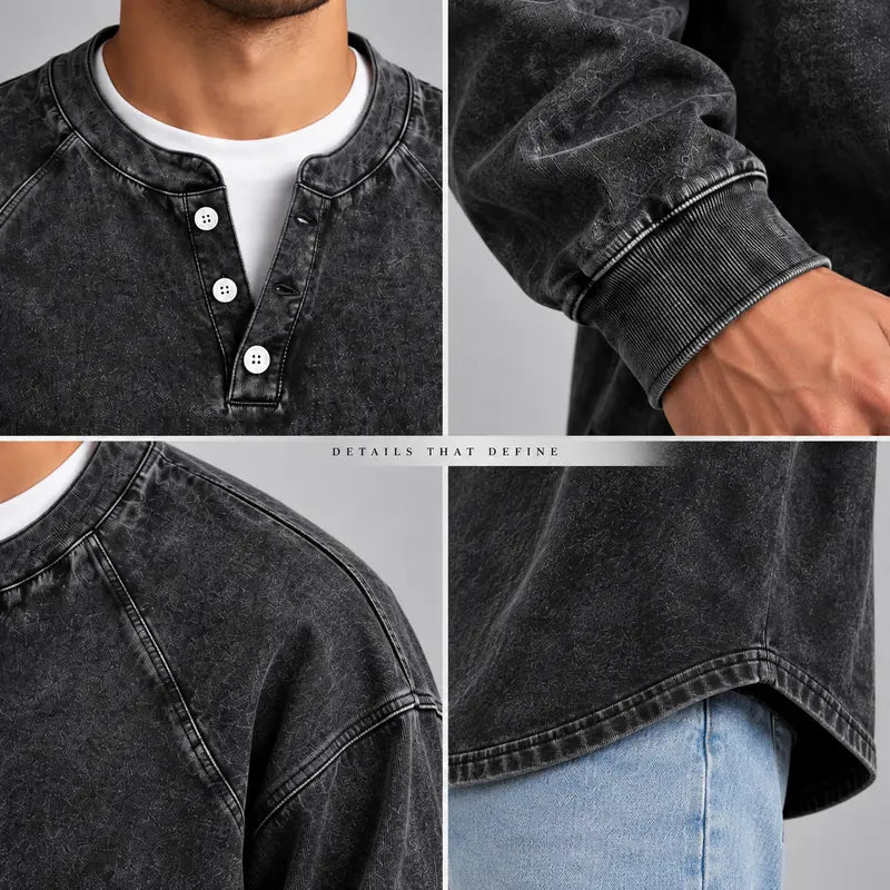 Men's Vintage Washed 3-Button Henley Long Sleeve Plain Pullover, Soft Polyester Oversized Relaxed-Fit Men's Clothing, Dark Brown Casual Streetwear, Dry Clean Compatible Stand Collar Shirt, Everyday Wear Outfits Ribbed Tshirt Wetsuit Menswear Beige Top