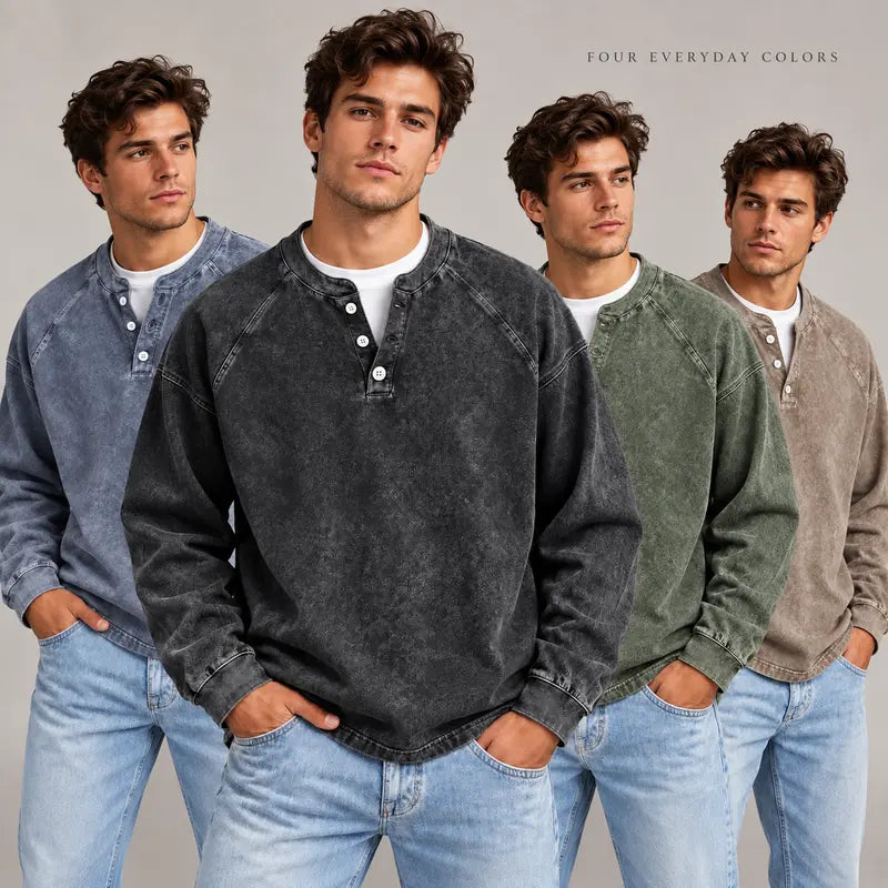 Men's Vintage Washed 3-Button Henley Long Sleeve Plain Pullover, Soft Polyester Oversized Relaxed-Fit Men's Clothing, Dark Brown Casual Streetwear, Dry Clean Compatible Stand Collar Shirt, Everyday Wear Outfits Ribbed Tshirt Wetsuit Menswear Beige Top