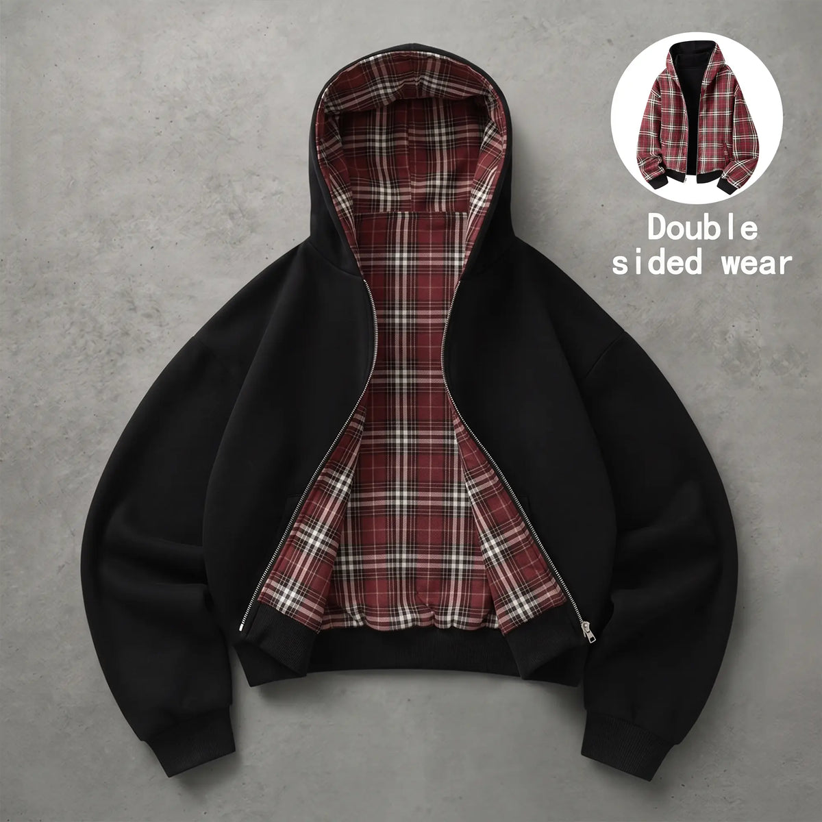 Unisex Cotton Plaid Reversible Hooded Jacket