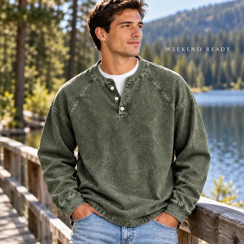 Men's Vintage Washed 3-Button Henley Long Sleeve Plain Pullover, Soft Polyester Oversized Relaxed-Fit Men's Clothing, Dark Brown Casual Streetwear, Dry Clean Compatible Stand Collar Shirt, Everyday Wear Outfits Ribbed Tshirt Wetsuit Menswear Beige Top
