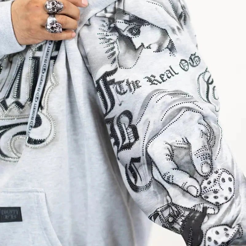 FB County Rhinestone Tatted Up Oversized Hoodie in Grey & Black