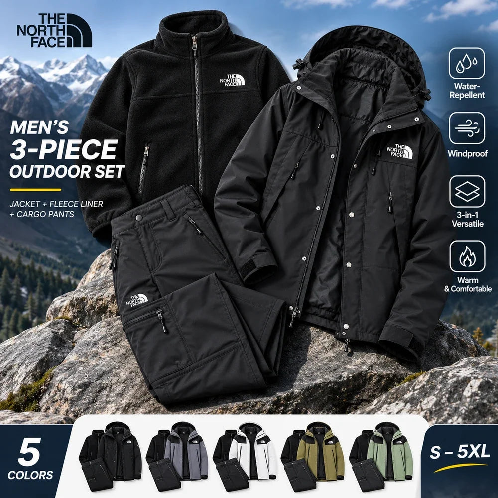 Men's 3-Piece Waterproof Outdoor Set – Hooded Jacket, Fleece Liner & Cargo Pants